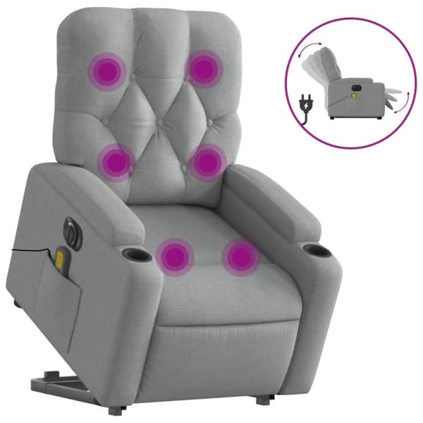 vidaXL Elektrisk massagefåtölj med uppresningshjälp ljusgrå tyg