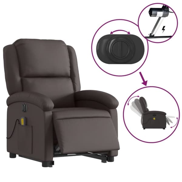 vidaXL Massagefåtölj med uppresningshjälp mörkbrun äkta läder