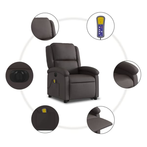 vidaXL Massagefåtölj med uppresningshjälp mörkbrun äkta läder