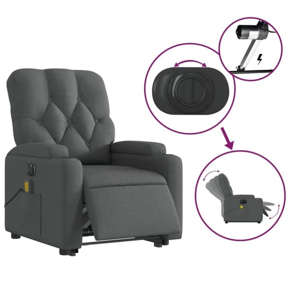 vidaXL Elektrisk massagefåtölj med uppresningshjälp mörkgrå tyg