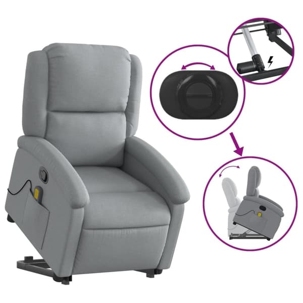 vidaXL Massagefåtölj med uppresningshjälp ljusgrå tyg