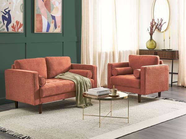 Soffgrupp Guldbrun tygklädd 2-sits med fåtölj Vadderad Tjockt stoppad Rygg Klassiskt Retro Design Vardagsrum