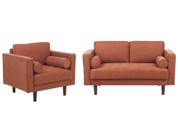 Soffgrupp Guldbrun tygklädd 2-sits med fåtölj Vadderad Tjockt stoppad Rygg Klassiskt Retro Design Vardagsrum