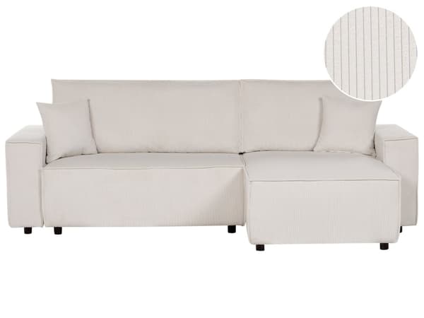 Vänster hörnsoffa Off-White Fabric Cord Klädd med sovfunktion Utdragbar stoppad rygg