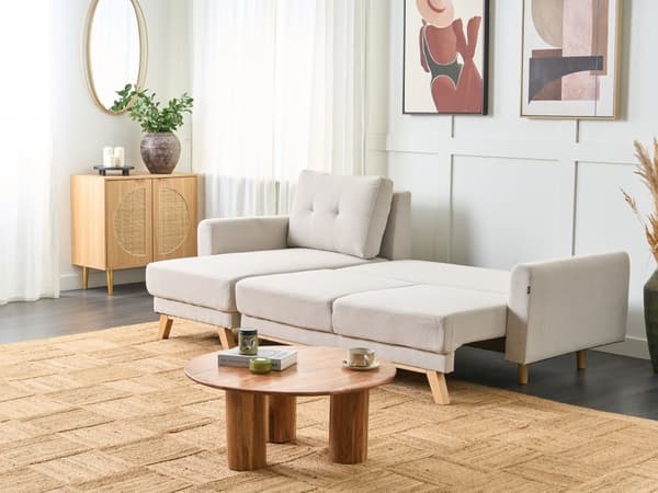 Höger hörnsoffa Beige tygklädd med sovfunktion Utdragbar stoppad rygg Träben