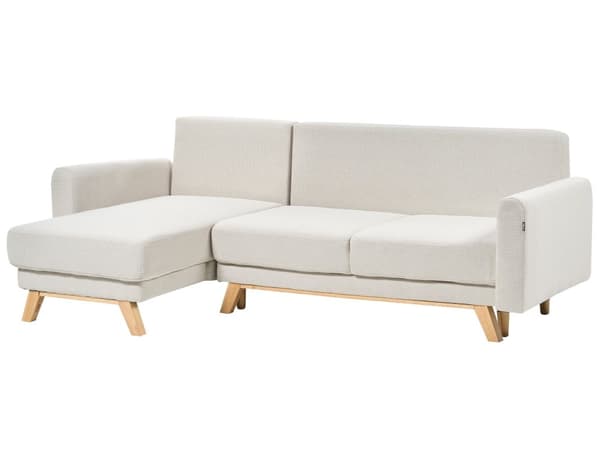 Höger hörnsoffa Beige tygklädd med sovfunktion Utdragbar stoppad rygg Träben