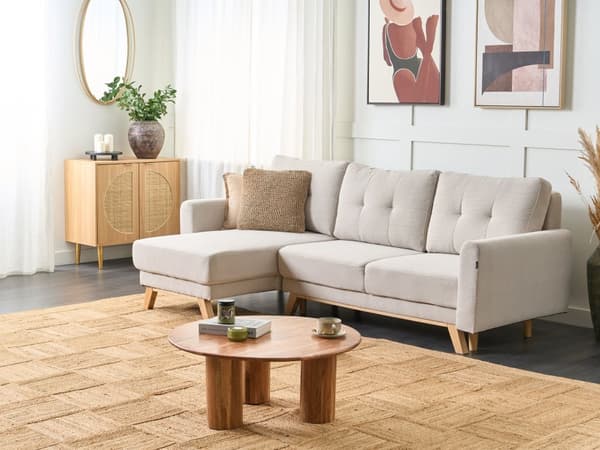 Höger hörnsoffa Beige tygklädd med sovfunktion Utdragbar stoppad rygg Träben