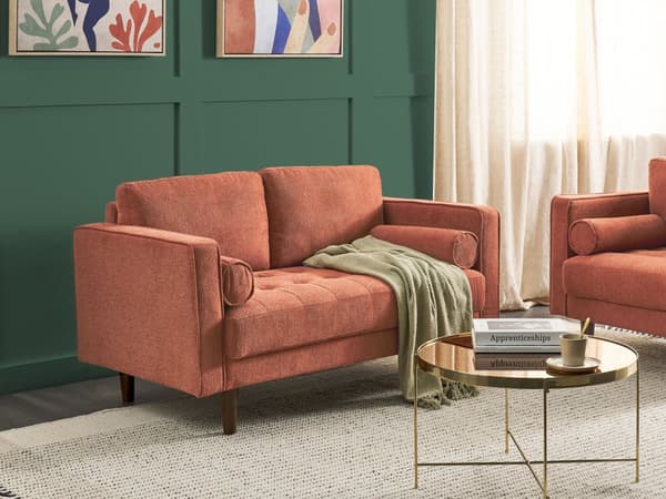 Soffa Guldbrun Klädd med tyg 2 Sittplatser Vadderad Tjock stoppad Rygg Klassiskt Retro Design Vardagsrum