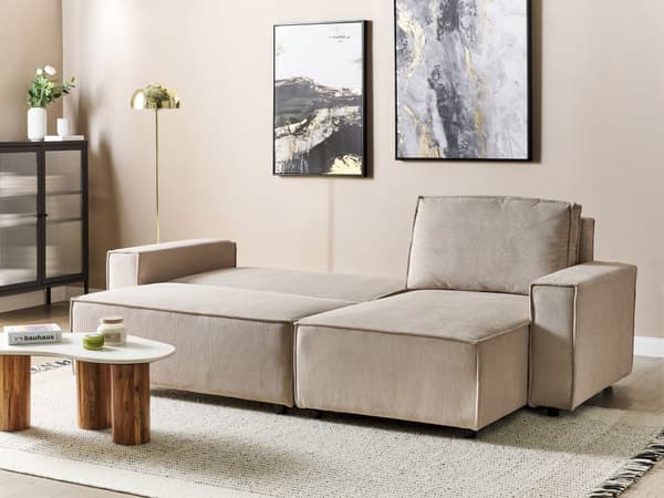 Vänster hörnsoffa Beige tyg Cord Klädd med sovfunktion Utdragbar stoppad rygg