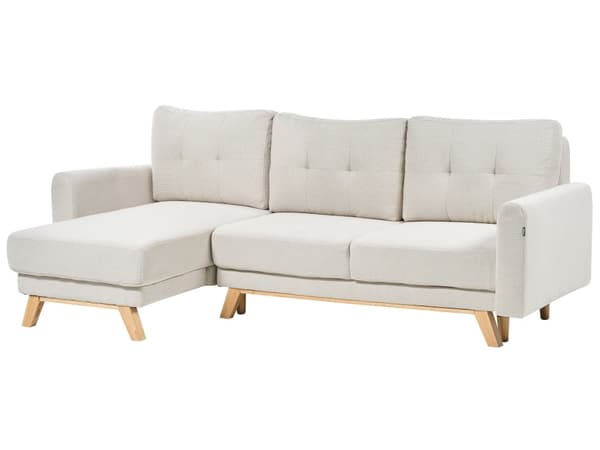 Kulmasohva vaalea beige kolmelle kangasverhoilu tikattu oikea vuodesohva skandinaavinen