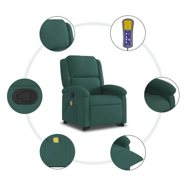 vidaXL Massagefåtölj med uppresningshjälp mörkgrön sammet