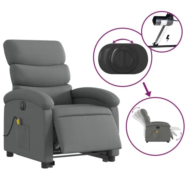 vidaXL Elektrisk massagefåtölj med uppresningshjälp mörkgrå tyg