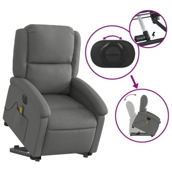 vidaXL Elektrisk massagefåtölj med uppresningshjälp mörkgrå tyg