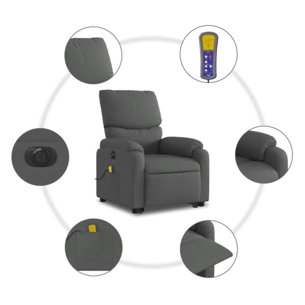 vidaXL Elektrisk massagefåtölj med uppresningshjälp mörkgrå tyg