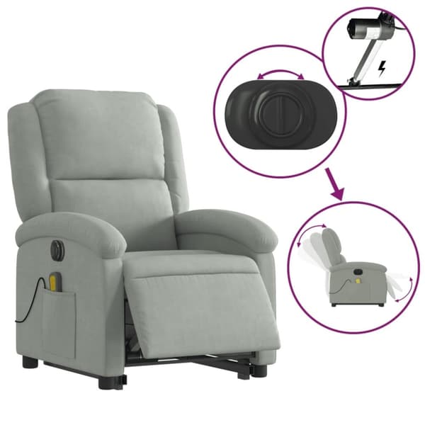 vidaXL Elektrisk massagefåtölj med uppresningshjälp ljusgrå sammet