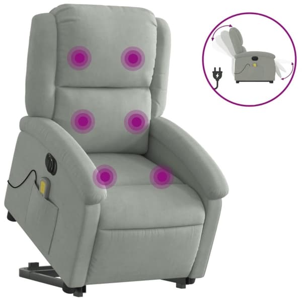 vidaXL Elektrisk massagefåtölj med uppresningshjälp ljusgrå sammet