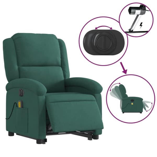 vidaXL Elektrisk massagefåtölj med uppresningshjälp mörkgrön sammet