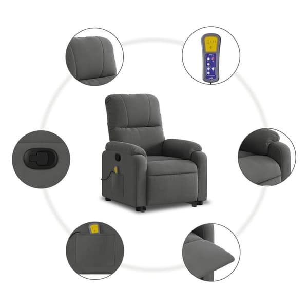 vidaXL Massagefåtölj med uppresningshjälp mörkgrå mikrofibertyg