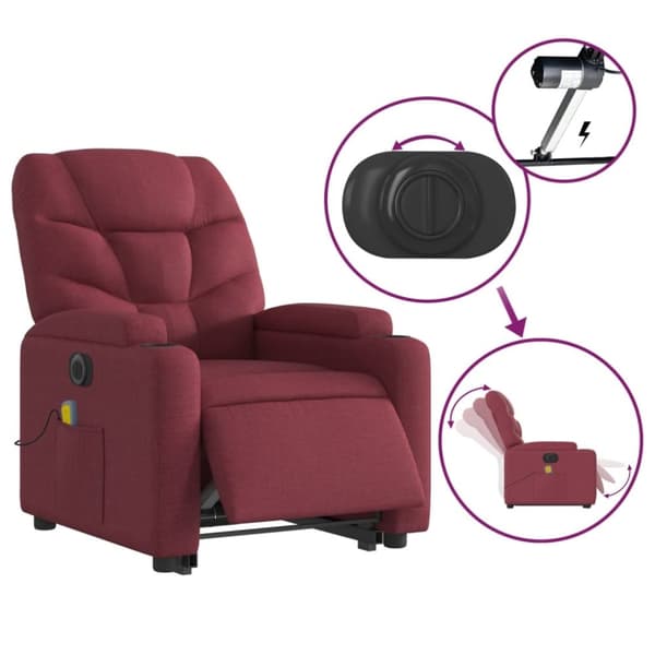 vidaXL Elektrisk massagefåtölj med uppresningshjälp vinröd tyg