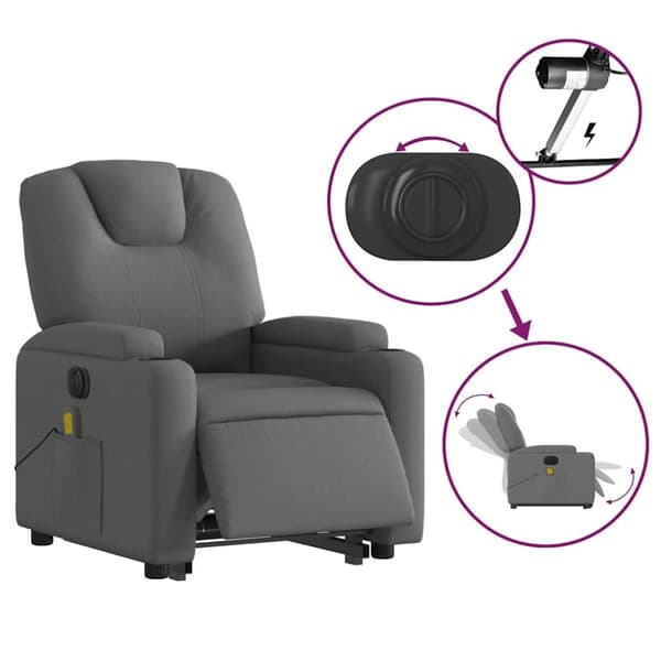 vidaXL Elektrisk massagefåtölj med uppresningshjälp mörkgrå tyg