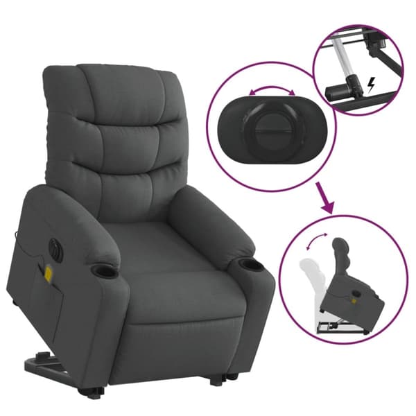 vidaXL Elektrisk massagefåtölj med uppresningshjälp mörkgrå tyg