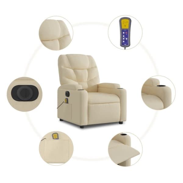 vidaXL Elektrisk massagefåtölj med uppresningshjälp gräddvit tyg