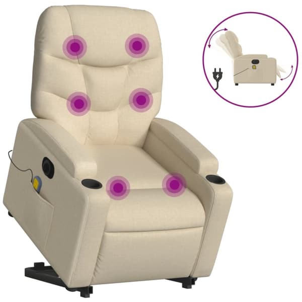 vidaXL Elektrisk massagefåtölj med uppresningshjälp gräddvit tyg