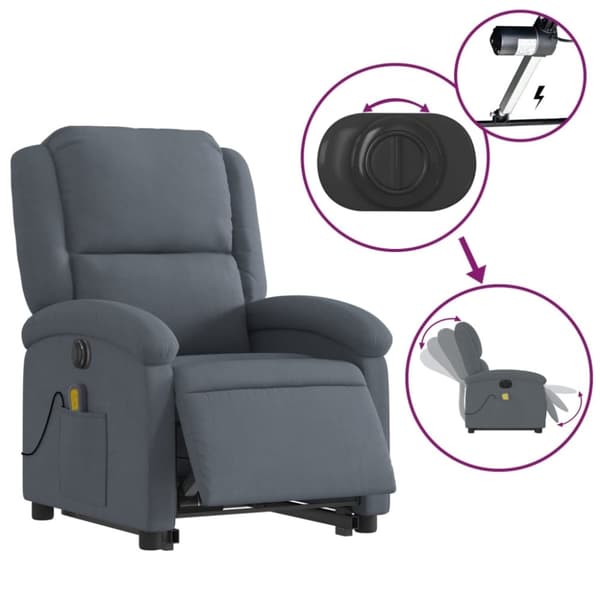 vidaXL Elektrisk massagefåtölj med uppresningshjälp mörkgrå sammet