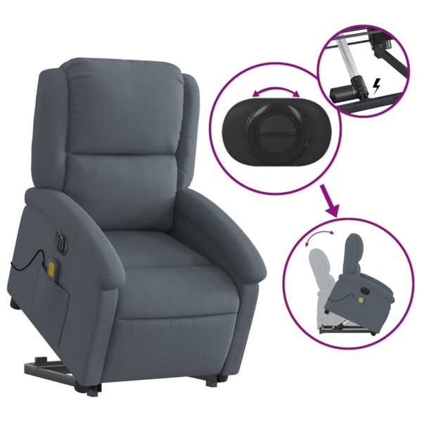 vidaXL Elektrisk massagefåtölj med uppresningshjälp mörkgrå sammet
