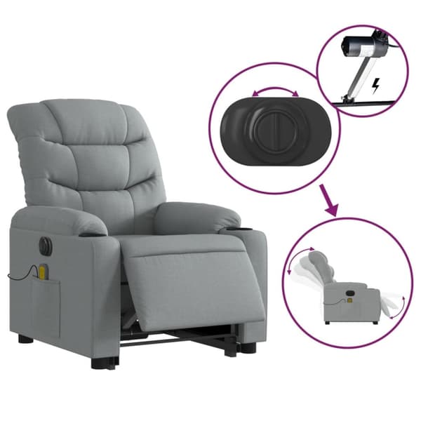 vidaXL Elektrisk massagefåtölj med uppresningshjälp ljusgrå tyg