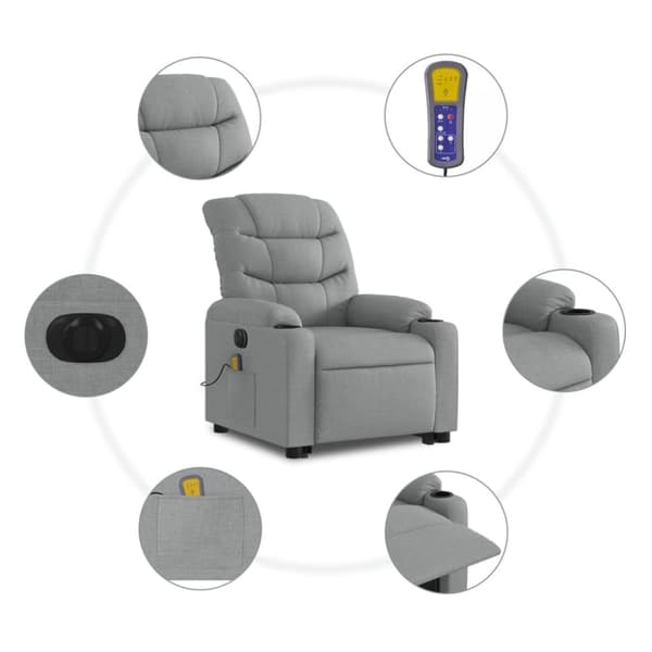 vidaXL Elektrisk massagefåtölj med uppresningshjälp ljusgrå tyg