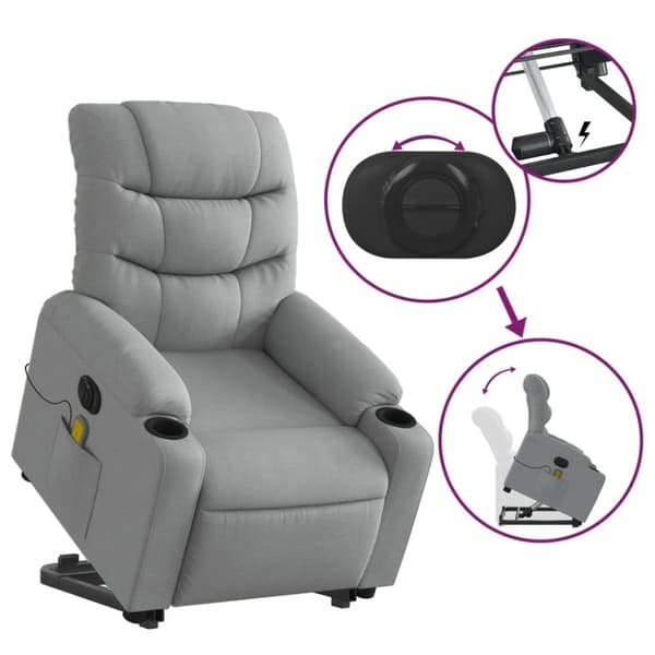vidaXL Elektrisk massagefåtölj med uppresningshjälp ljusgrå tyg