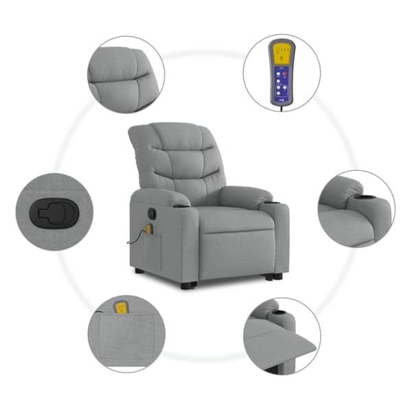 vidaXL Massagefåtölj med uppresningshjälp ljusgrå tyg