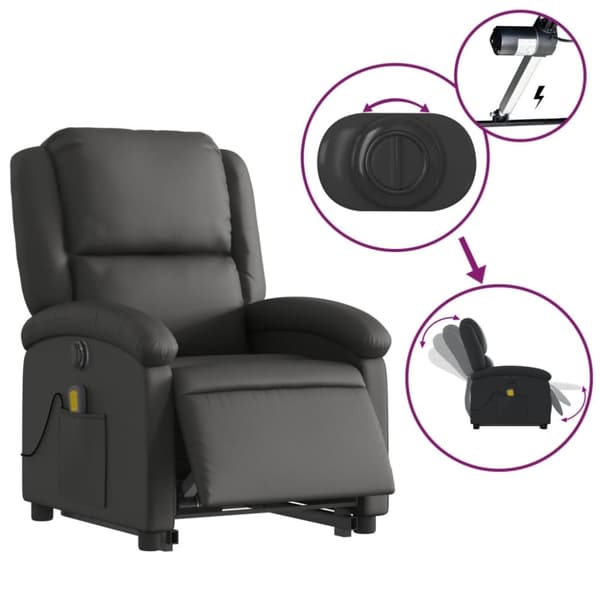 vidaXL Massagefåtölj med uppresningshjälp svart äkta läder
