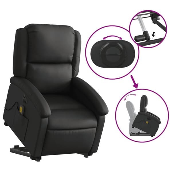 vidaXL Massagefåtölj med uppresningshjälp svart äkta läder