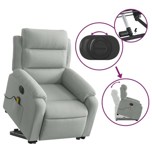 vidaXL Elektrisk massagefåtölj med uppresningshjälp ljusgrå sammet