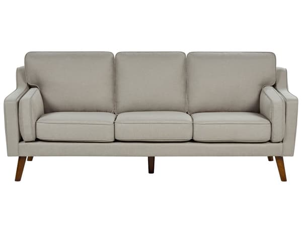 Sohva beige kolmelle kangasverhoilu puujalat irrotettavat tyynynpäälliset retro klassinen tyyli