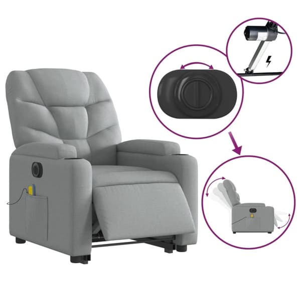 vidaXL Elektrisk massagefåtölj med uppresningshjälp ljusgrå tyg