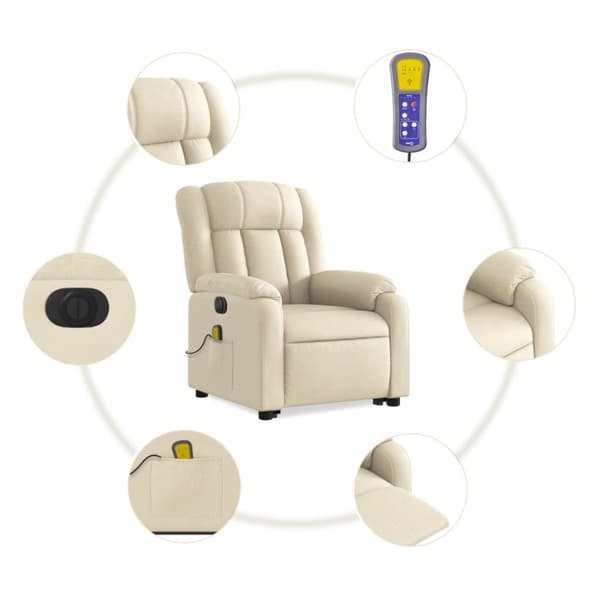 vidaXL Elektrisk massagefåtölj med uppresningshjälp gräddvit tyg