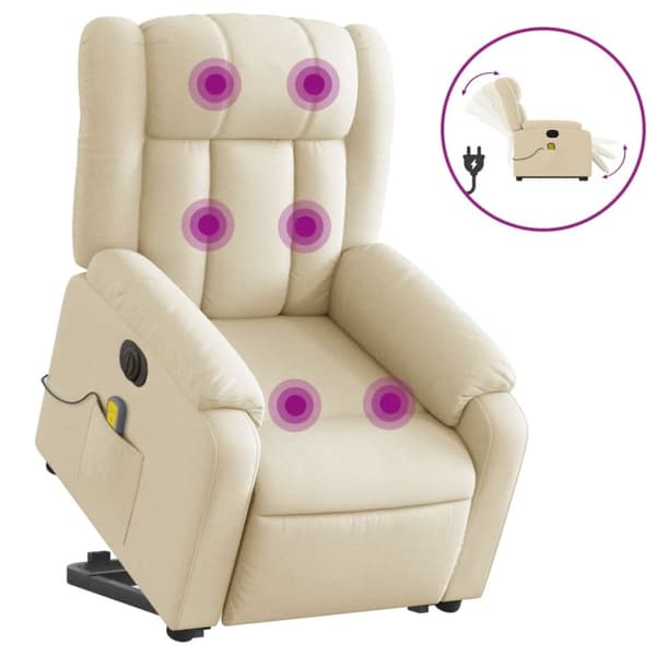 vidaXL Elektrisk massagefåtölj med uppresningshjälp gräddvit tyg