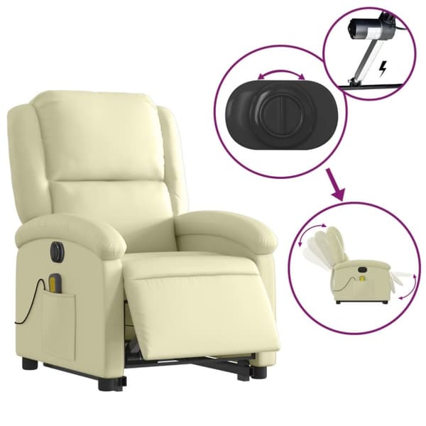 vidaXL Massagefåtölj med uppresningshjälp gräddvit äkta läder