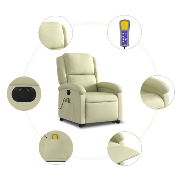 vidaXL Massagefåtölj med uppresningshjälp gräddvit äkta läder