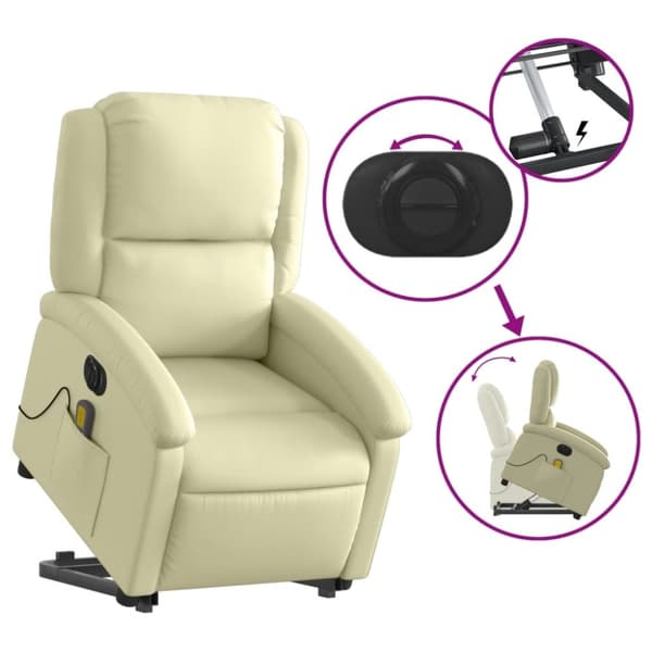 vidaXL Massagefåtölj med uppresningshjälp gräddvit äkta läder