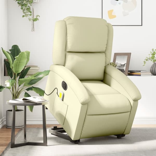 vidaXL Massagefåtölj med uppresningshjälp gräddvit äkta läder