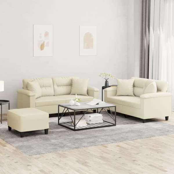 vidaXL sofasæt 3 dele med puder kunstlæder cremefarvet