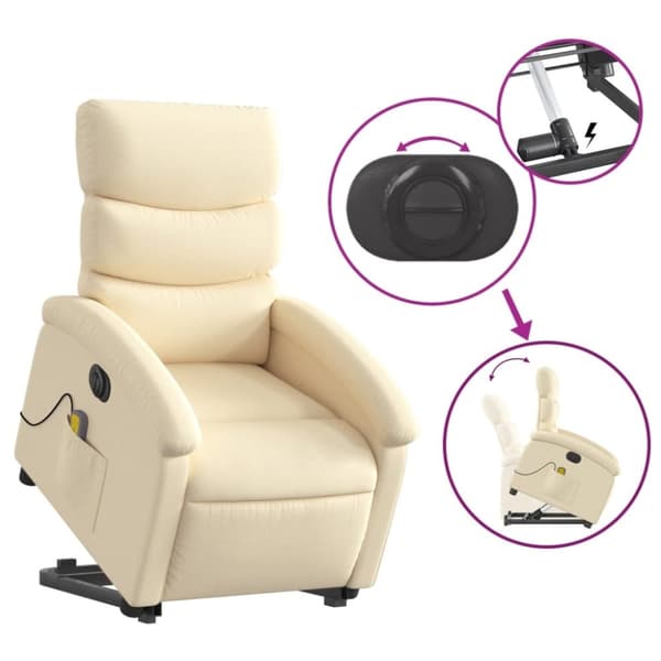 vidaXL Elektrisk massagefåtölj med uppresningshjälp gräddvit tyg