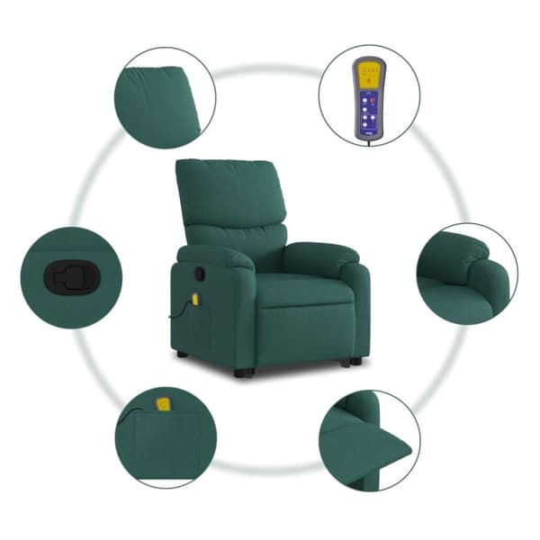 vidaXL Massagefåtölj med uppresningshjälp mörkgrön tyg
