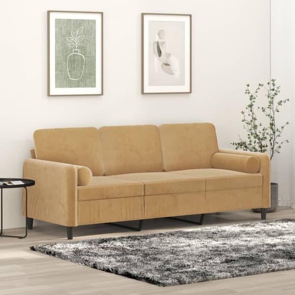 vidaXL 3-sitssoffa med prydnadskuddar brun 180 cm sammet