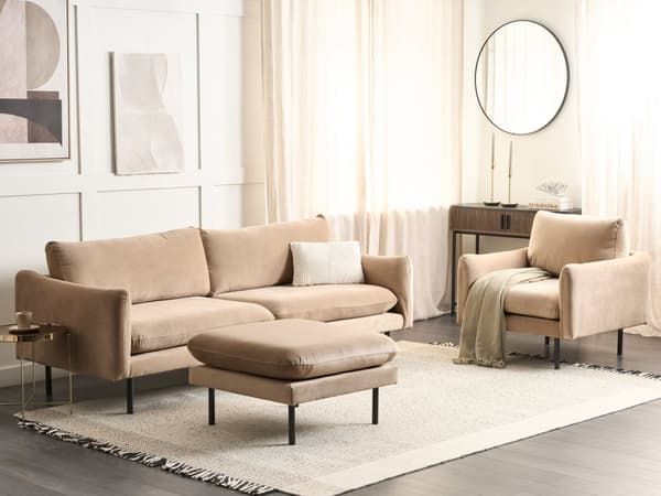 Sofagruppe Beige Fløyel 3-seter sofa Lenestol Fotskammel Polstrede sete- og ryggputer Svarte ben Moderne Retro Stue Sittegruppe