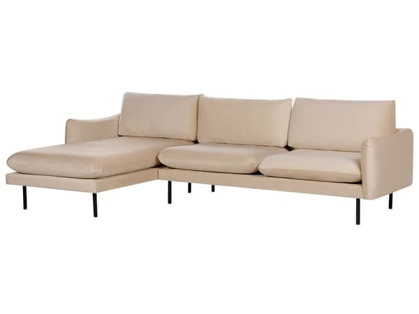Kulmasohva beige neljälle samettiverhoilu alumiinijalat pehmusteet moderni retro